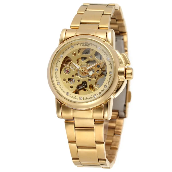 Luxury Gold Fashion Crystal Skeleton Automatic Women’s Stainless Steel Watch 1