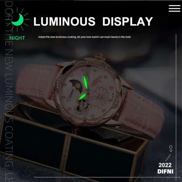 Watches Women Fashion Watch 2023 Automatic Mechanical Rhinestone Skeleton Dial Premium Leather Band Elegant Lady Watch New 2