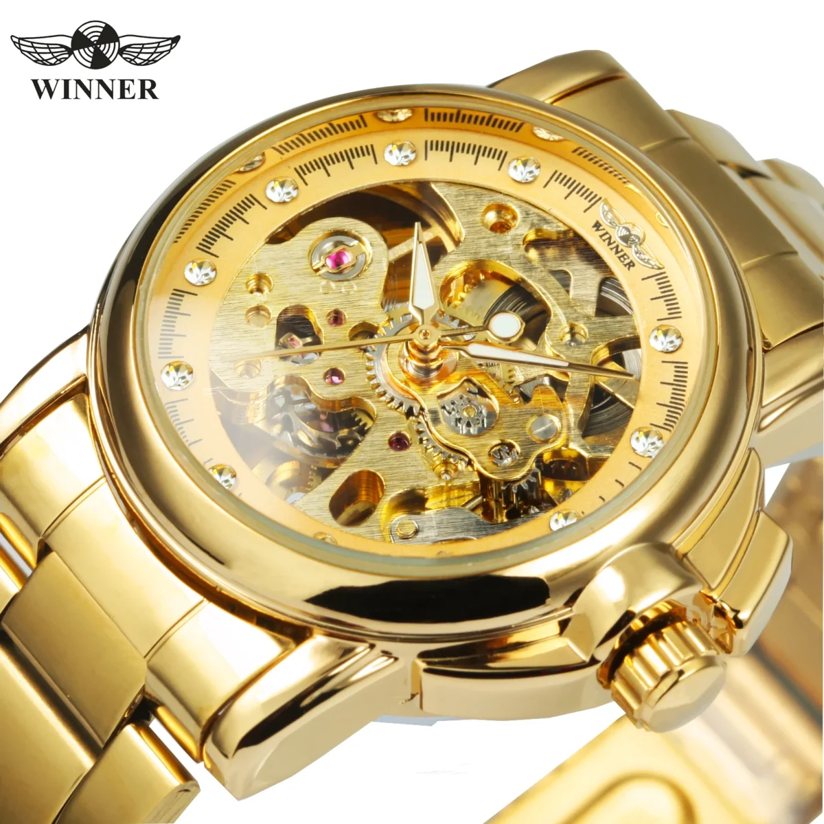 WINNER Fashion Luxury Gold Skeleton Iced Out Elegant Automatic Women’s Watch 1