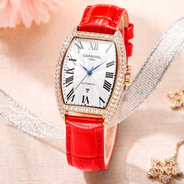 Carnival New Luxury Diamond Watch Women's Mechanical Watch Full Automatic Fashion Red Leather Women's Watch Relogio Feminino 1