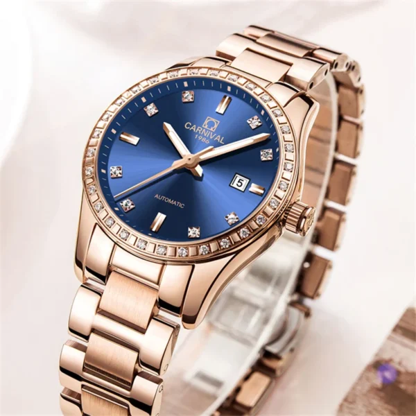 Carnival Brand New Fashion Mechanical Watch for Women's Luxury Rose Gold Stainless Steel Strap Waterproof Calendar Womens Watches 1