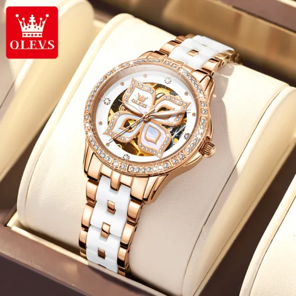 OLEVS 6612 Diamond Elegant Ceramic Automatic Four Leaf Clover Women’s Watch 2