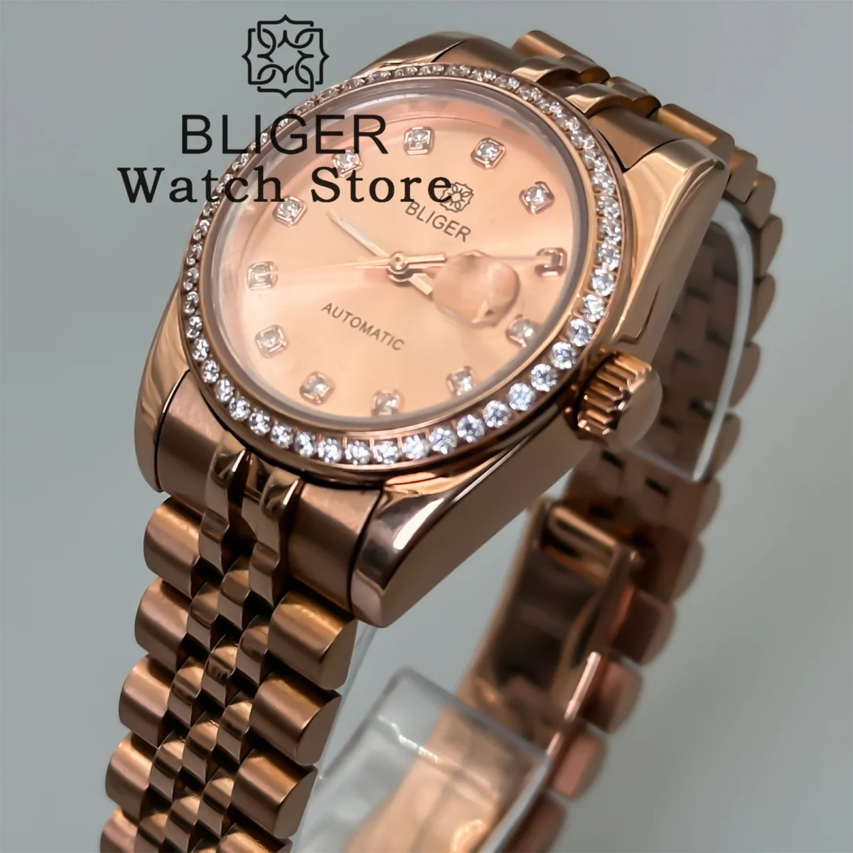 BLIGER 31mm Diamond Bezel Sunburst Dial Diamond Mark NH05 Automatic Women Lady Watch Sapphire Luxury Rose Gold Wristwatch 4