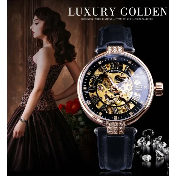Forsining 2019 Elegant Women Diamond Skeleton Display Design Luxury Lady Automatic Watches Luminous Hands Black Genuine Leather 2