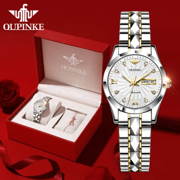OUPINKE 3169 Diamond Whirlwind Dial Elegant Automatic Women’s Watch Set 1