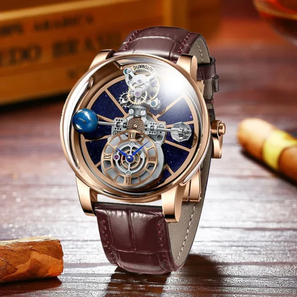 PINDU Design Celestial Curved Mirror Transparent Roman Leather Watch 2