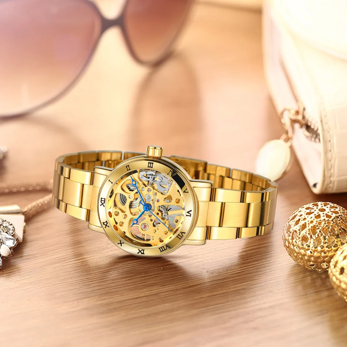 T-winner Blue Hand Roman Numeral Mechanical Watch Gold Hollow Steel Band Watch Round Alloy Ladies Watch 5