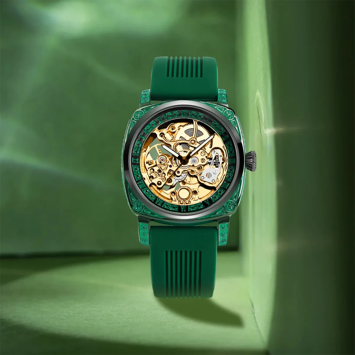 New Women's Gold Green Tape Simple Style Fashionable Gorgeous Luminous Carving Fully Automatic Mechanical Watch 3