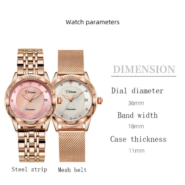 Women's Brand Mechanical Watches Automatic Crystal Diamond Wristwatch Lady Waterproof Fashion Casual Luminous Calendar Date Clock 2