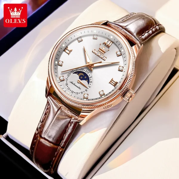 OLEVS Original Brand Fashion Moon Phase Mechanical Watch Elegant Women's Watches Luxury Leather Waterproof Ladies Wristwatch 2