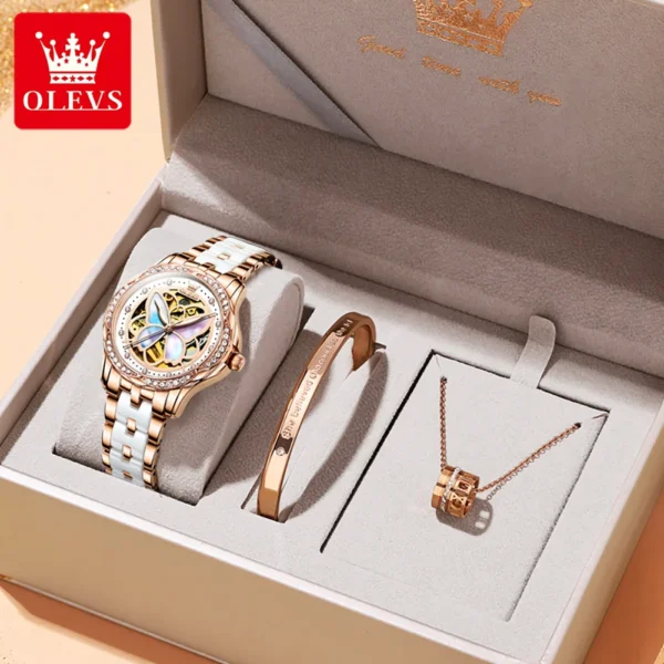 OLEVS 6615 Elegant Luxury Diamond Skeleton Butterfly Women’s Watch Set 1