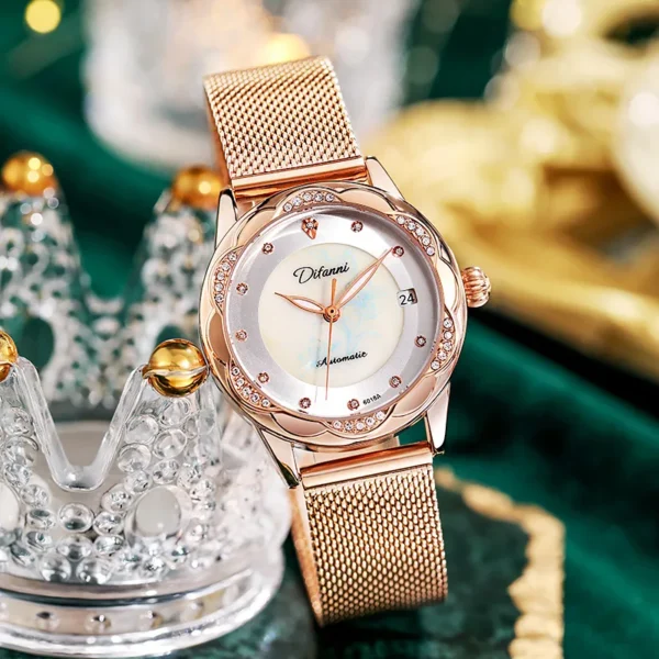 Women's Brand Mechanical Watches Automatic Crystal Diamond Wristwatch Lady Waterproof Fashion Casual Luminous Calendar Date Clock 1