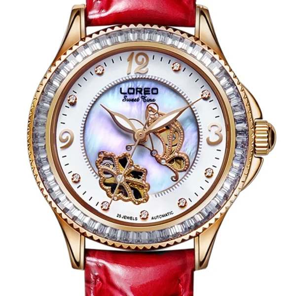 LOREO Brand Luxury Diamond Crystal Sapphire Mechanical Watch Women Leather Strap 50M Waterproof Fashion Skeleton Automatic Watch 2