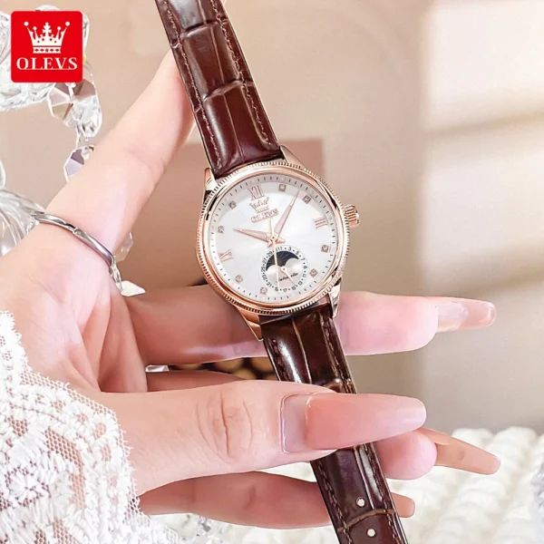 OLEVS Original Brand Fashion Moon Phase Mechanical Watch Elegant Women's Watches Luxury Leather Waterproof Ladies Wristwatch 1
