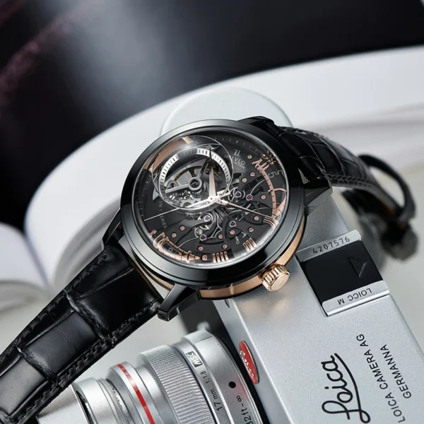 OBLVLO Luxury Retro 45mm Dial Skeleton Automatic Watches For Men Calfskin Strap Mineral Crystal Waterproof Mechanical Watch VM 2