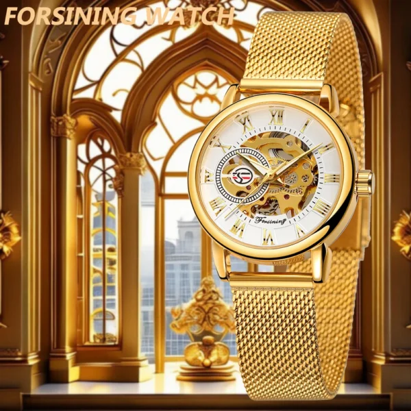 Forsining Elegant Fashion Women's Mechanical Watch Skeleton Movement Roman Luminous Numerals Mesh Strap Female Luxury Wristwatch 2