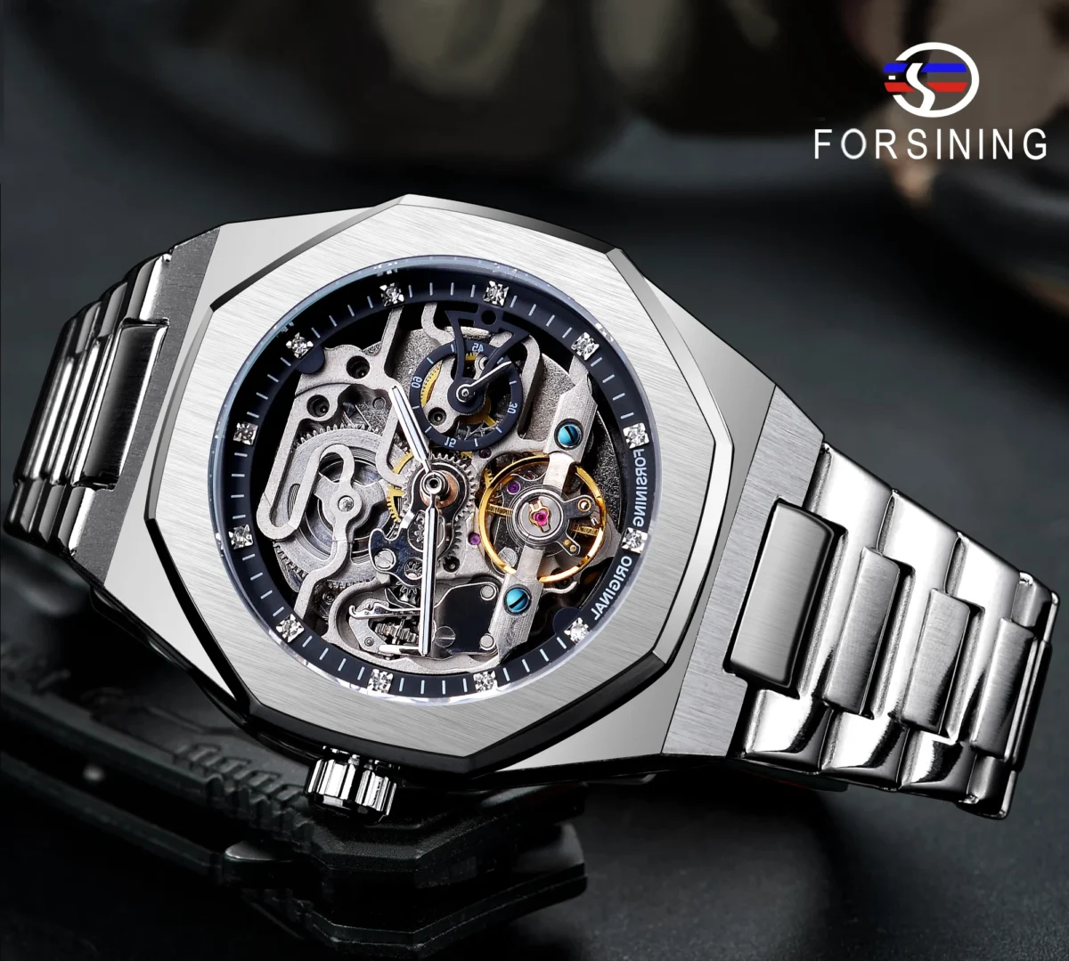 Forsining Casual Automatic Watch 3D Diamond Skeleton Hollow Mens Wristwatches Luminous Military Watches Tourbillon Montre Homme 2