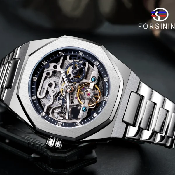 Forsining Casual Automatic Watch 3D Diamond Skeleton Hollow Mens Wristwatches Luminous Military Watches Tourbillon Montre Homme 2