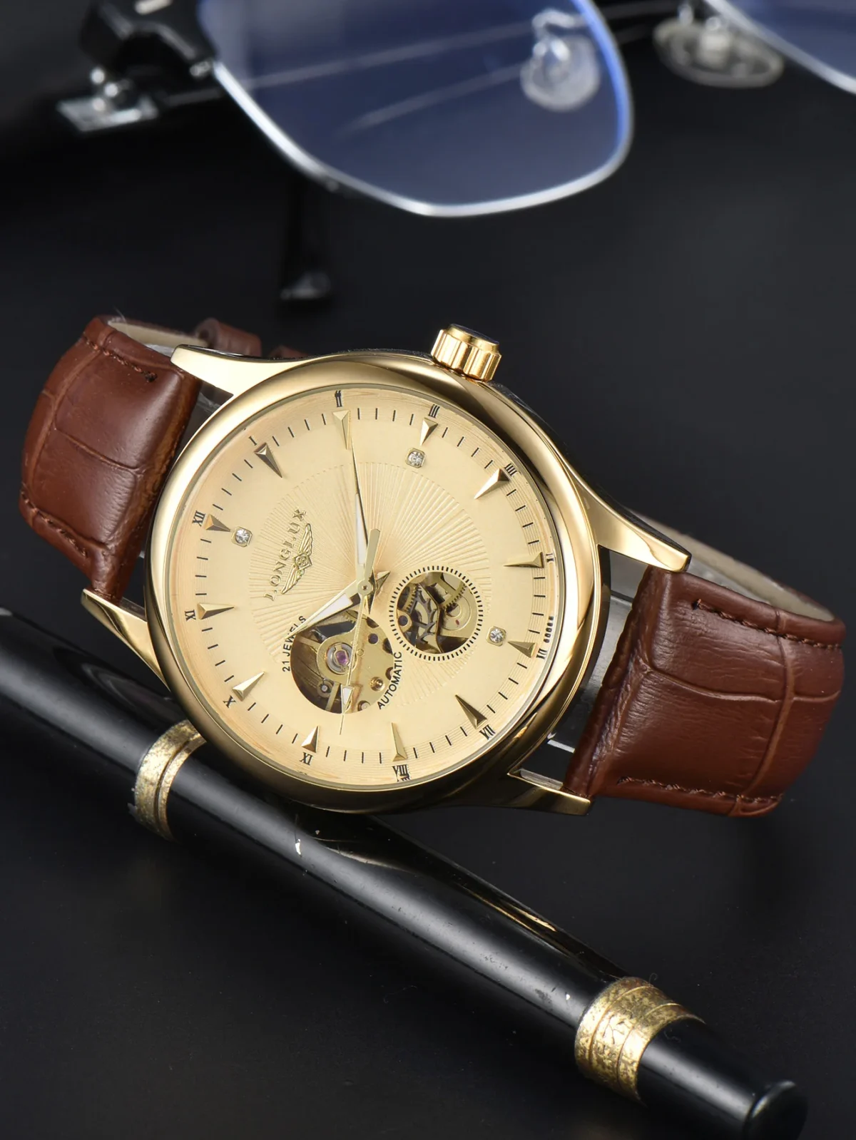 LONGLUX automatic watch elegant style wholesale mechanical wristwatches skeleton rome waterproof  mens watch men gift 2