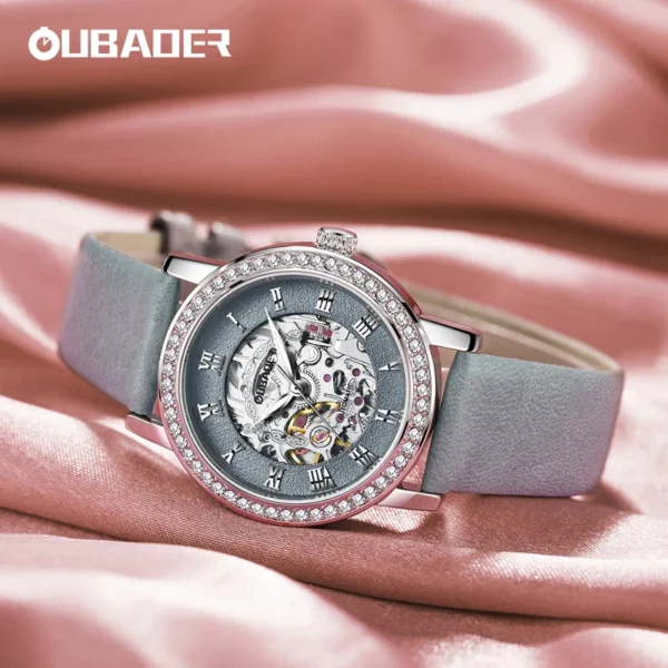 OUBAOER Ladies Mechanical Watch Automatic Skeleton Leather Strap Fashion Diamond Crystal Evening Banquet Dress Watches for Women 2