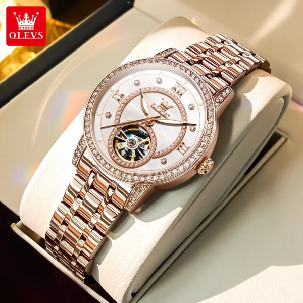 OLEVS Women's Watches Elegant Fashion Skeleton Flywheel Automatic Mechanical Watch for Ladies Waterproof Luminous Rose Gold 2