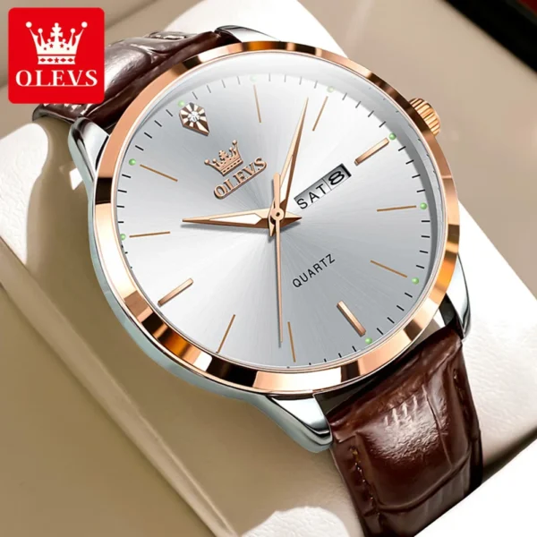 OLEVS Fashion Business Brand Original Men Watches Leather Strap Trend Week Calendar Quartz Watch Luminous Waterproof 43mm Dial 1