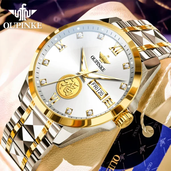 OUPINKE 3305 Luxury Brand Men's Watches The Character Fu Contains Real Gold Automatic Mechanical Watch Waterproof Luminous Date 2