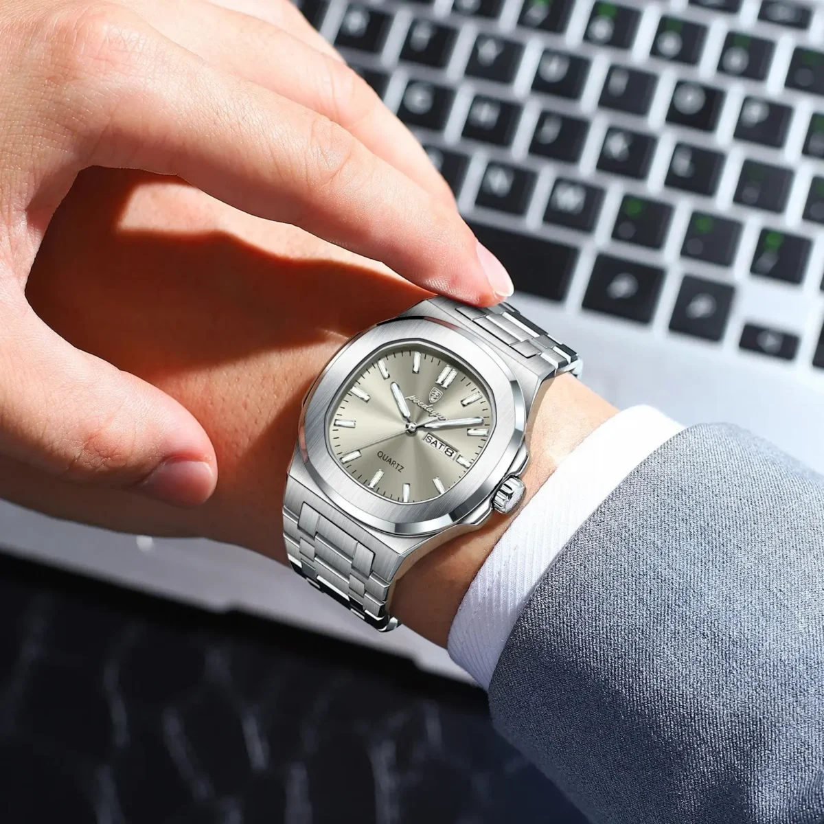 POEDAGAR Luxury Military Man Watch Square Waterproof Luminous Date Week Men Watch Stainless Steel Quartz Men's Watches Reloj+box 6