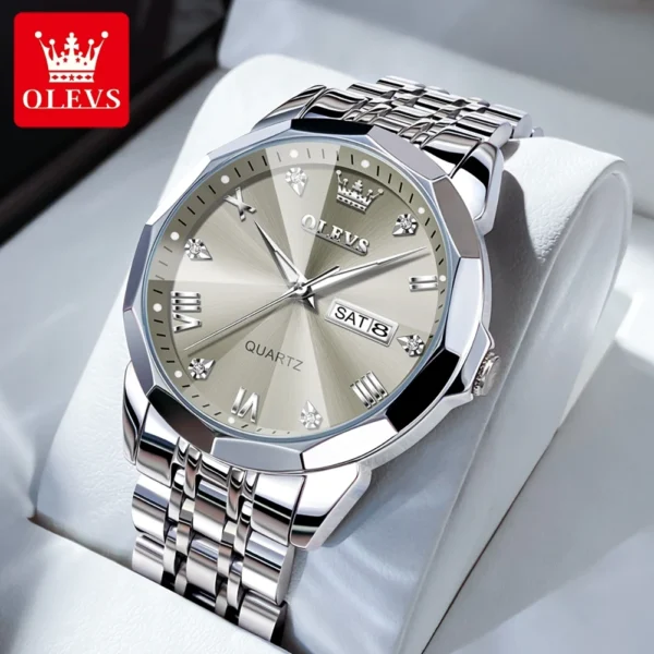 OLEVS Original Men's Watches Rhombus Mirror Quartz Watch for Man Date Week Waterproof Luminous Stainless Steel Male Wristwatch 1