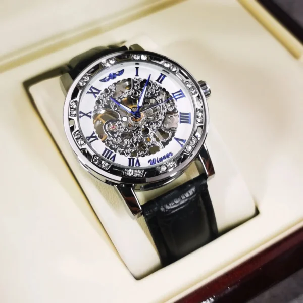 WINNER Fashion Elegant Ladies Watches Top Brand Luxury Iced Out Skeleton Mechanical Watch Luminous Hands Leather Strap Unisex 2