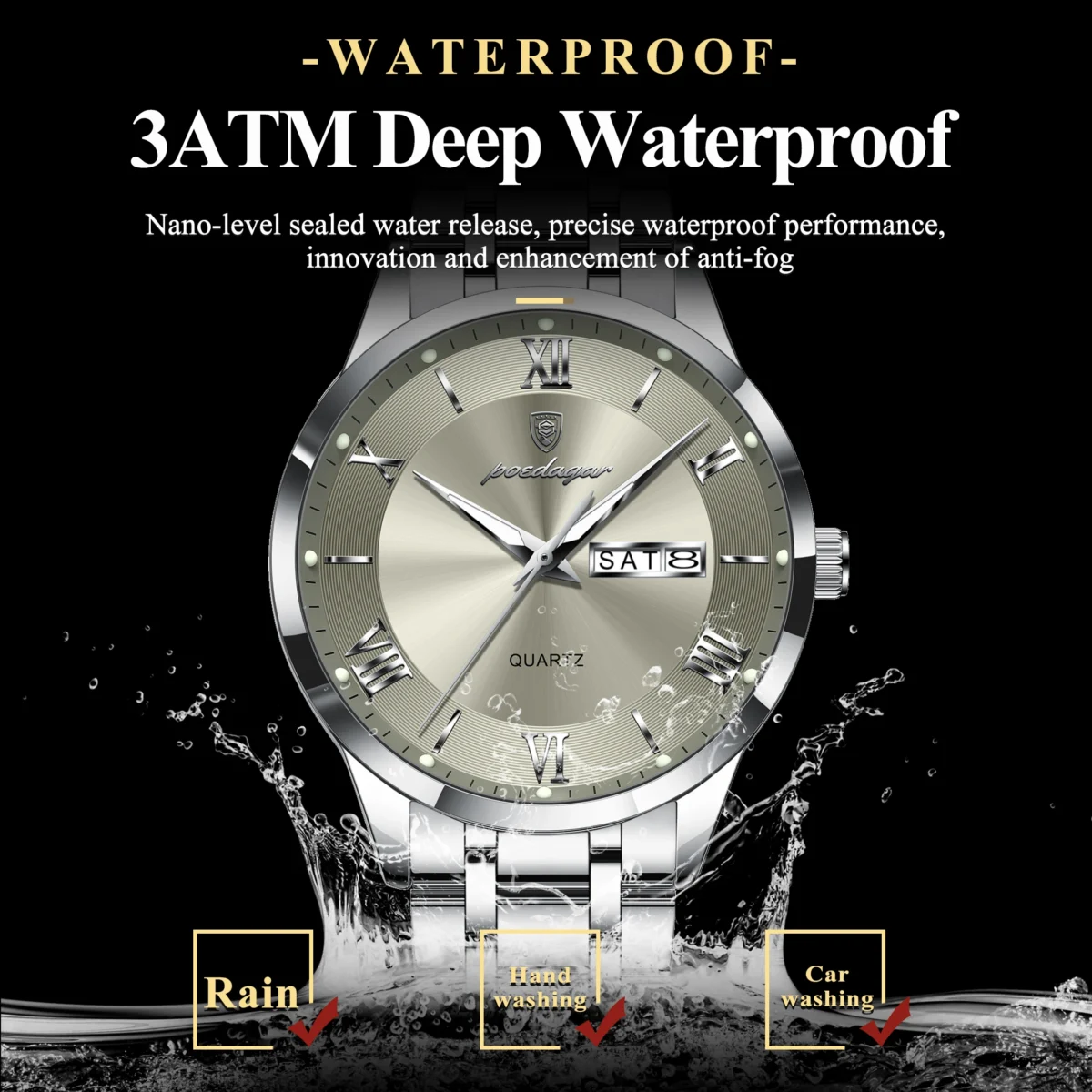 POEDAGAR Luxury Fashion Men Clock Waterproof Luminous Week Date Sports Man Wristwatch Stainless Steel Men's Quartz Watches Reloj 3