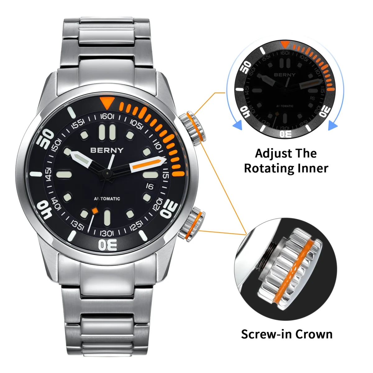 BERNY Automatic Dive Watch for Men Super Luminous Original Design 20ATM Diver Wristwatch Sapphire, Local Warehouse Fast Delivery 5