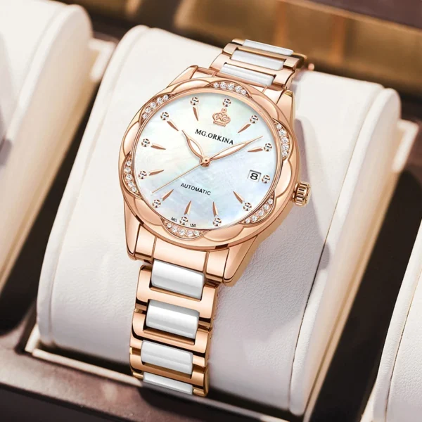 MG ORKINA Automatic Watch for Women Date Mechanical Luxury Pearl Mother Diamond Elements Ladies Dress Wristwatches Gift for Wife 2