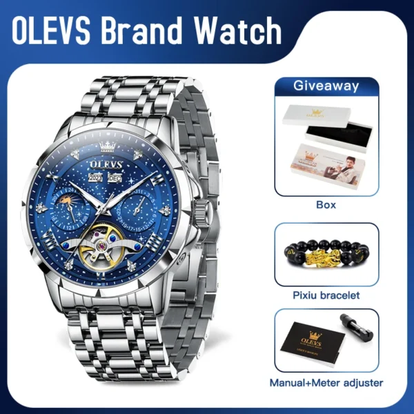 OLEVS 6690 Mens Watch Original Brand Tourbillon Multifunctional Mechanical Watch Astral Dial Watches For Men Moon Phase Reloj 2