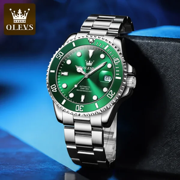 OLEVS Luxury Brand Men's Watch Green Dial Fully Automatic Mechanical Watch Waterproof Stainless Steel Strap Original Wristwatch 1
