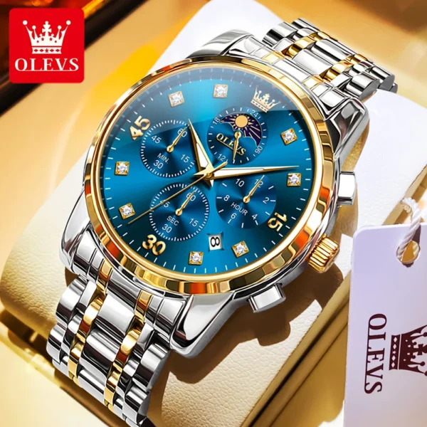 OLEVS Men Watches Multifunction Fashion Original Quartz Watch for Man Waterproof Stainless Luminous Date Moon Phase Chronograph 1