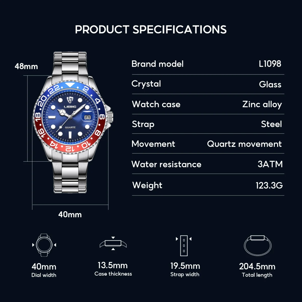 LIEBIG Luxury Movement Quartz Watches Fashion Business Time Watch Waterproof Stainless Steel Strap Wristwatches For Men Women 6