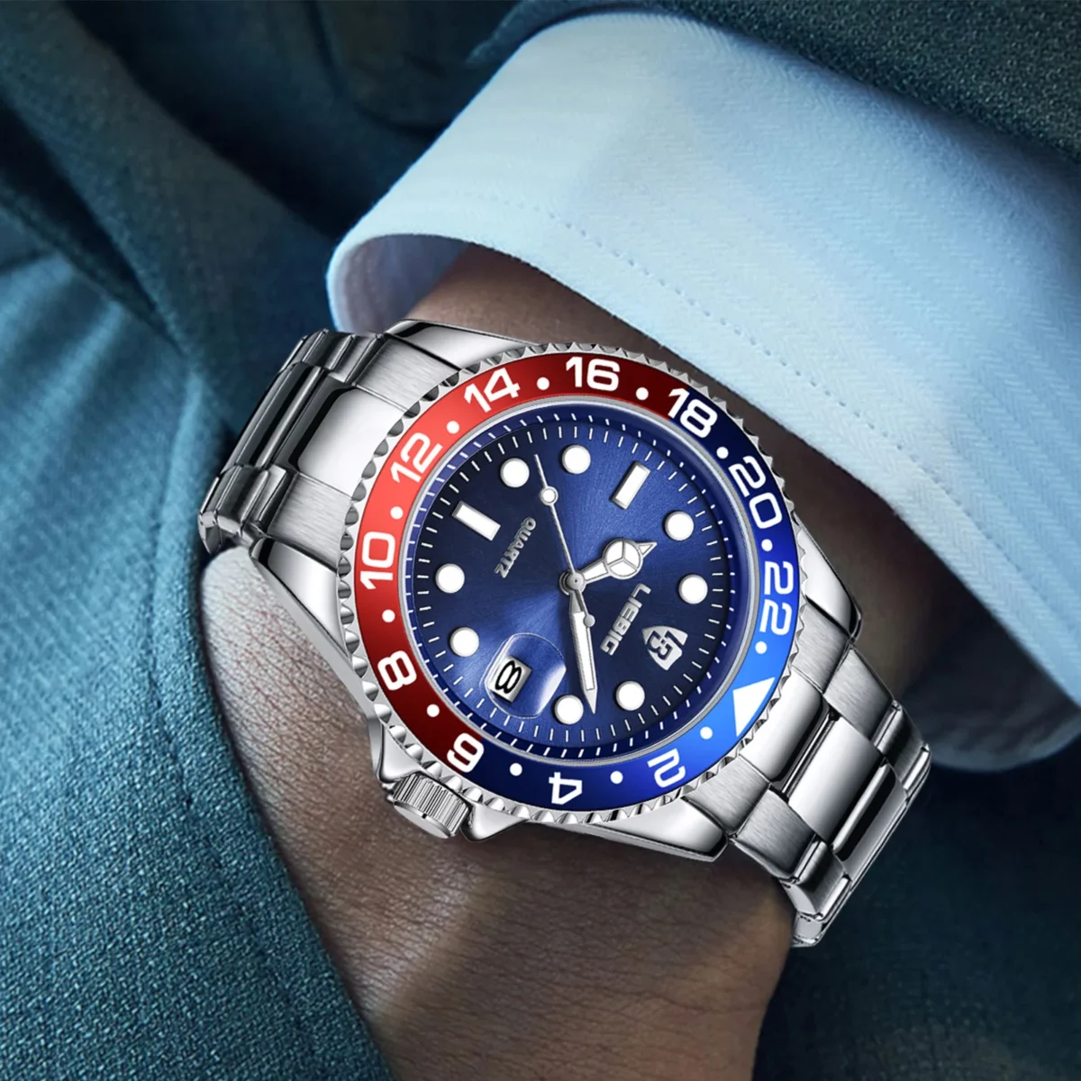 Luxury Men Fashion Watch Silver Stainless Steel Band Waterproof Casual Calendar Quartz Watch Green Business Wristwatch 3