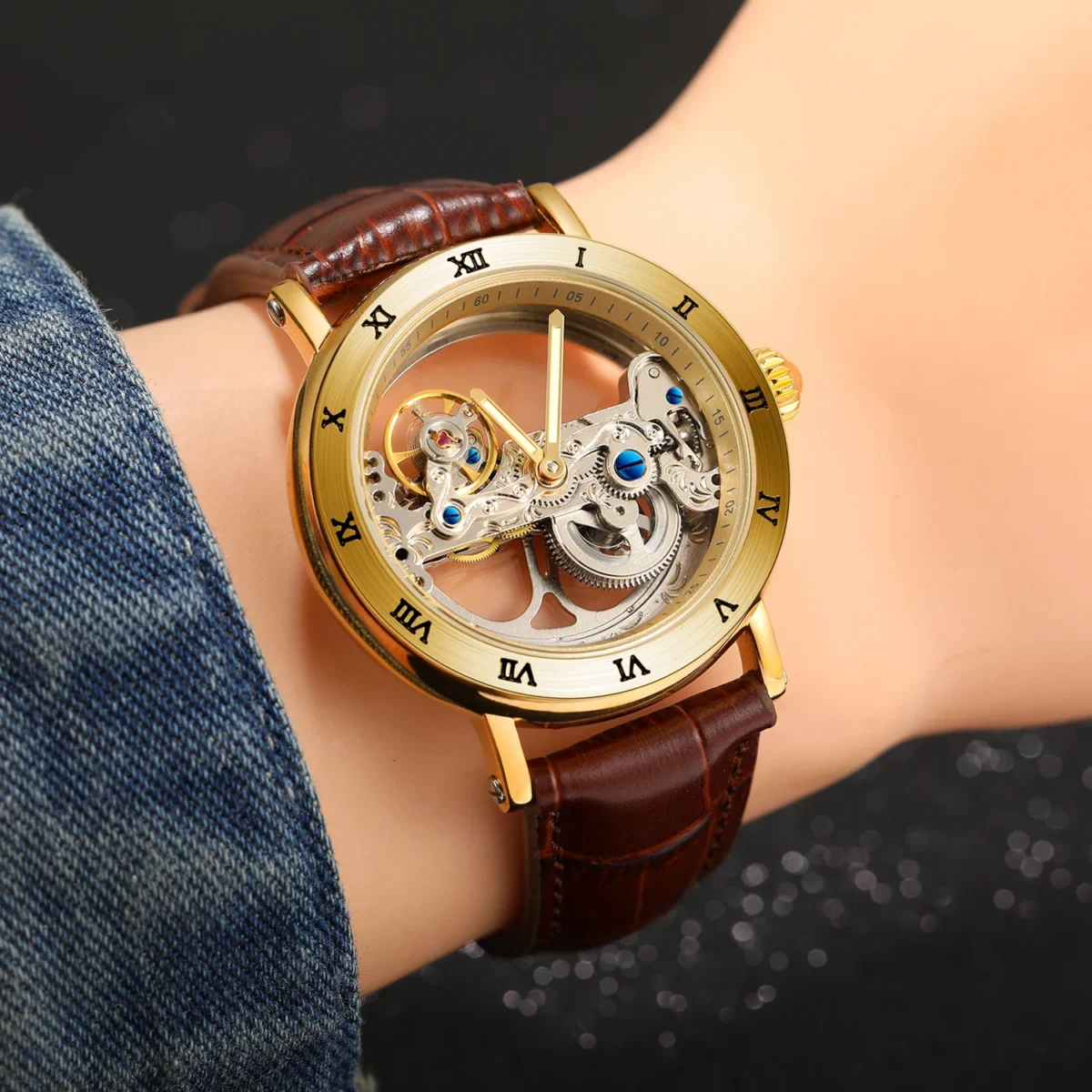 Vintage Mechanical Watches Golden Bridge Skeleton Automatic Mens Watch Luxury Genuine Leather Belt Carved Movement Luminous Hand 6