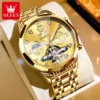 OLEVS Luxury Fashion Skeleton Men Watches Gold Stainless steel Moon Phase Automatic Mechanical Watch Luminous Waterproof Watch 1