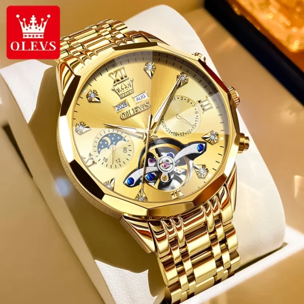 OLEVS Luxury Fashion Skeleton Men Watches Gold Stainless steel Moon Phase Automatic Mechanical Watch Luminous Waterproof Watch 1