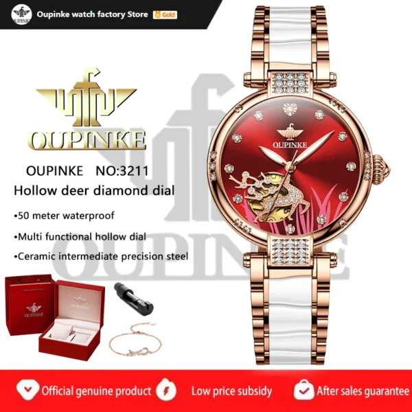 OUPINKE NO:3211 Women Watch Ceramic Strip Waterproof Bracelet Watch Box Set Automatic Mechanical Watch Hollow Deer Diamond Dial 1