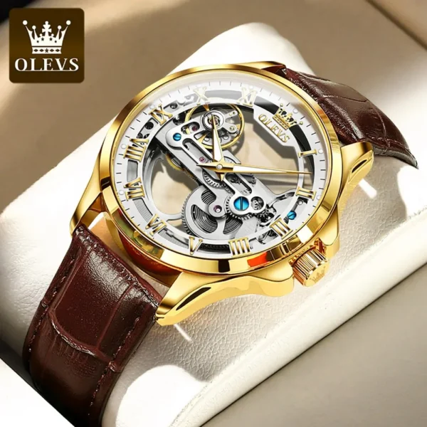 OLEVS Luxury Men Watches Automatic Mechanical Wristwatch Skeleton Design Waterproof Leather Strap Male Watch Reloj Hombre 1