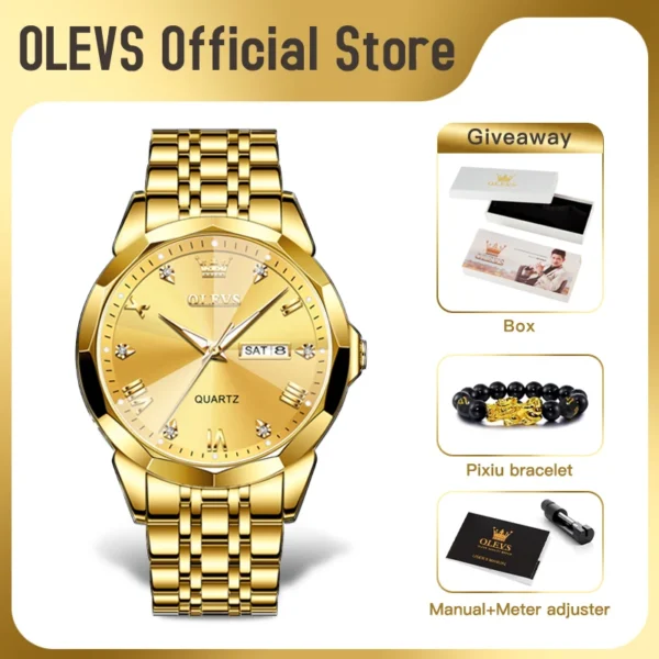OLEVS Men‘s Watches Gold Original Quartz Wristwatch Waterproof Luminous Watch for Male Rhombus Mirror Date Week Luxury Dress 2