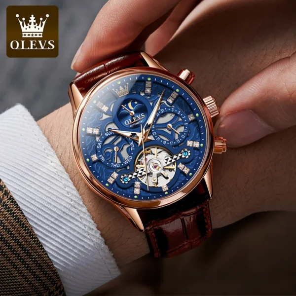 OLEVS Men's Watches Trend Fashion Original Automatic Mechanical Watch fro Man Leather Strap Hollowed Out Dial Flywheel Movement 1