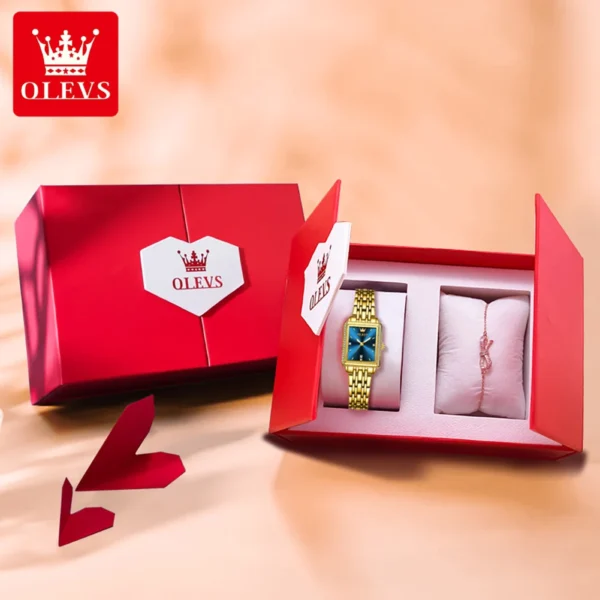 OELVS New Luxury Lady's Watches Elegant Gold Rectangular Dial Quartz Watch Diamond Bracelet Gift Box Set Original Female Watch 2