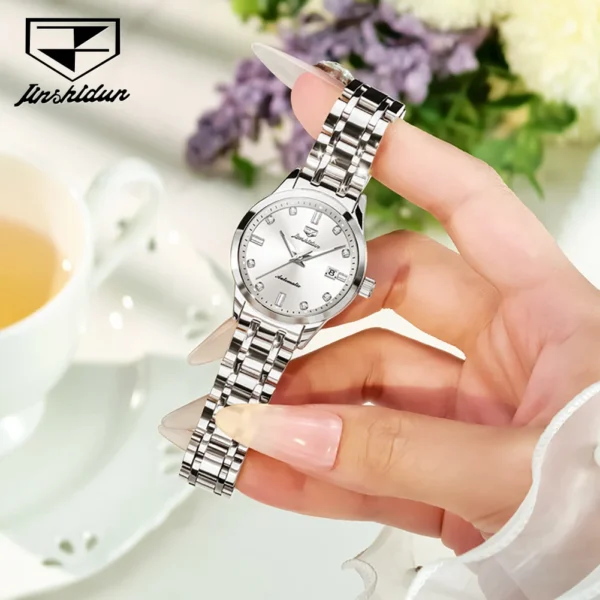 JinShiDun Classics Simple Women's Watches Silver Waterproof Automatic Mechanical Watch Date Luminous Elegant Lady Wristwatch 1