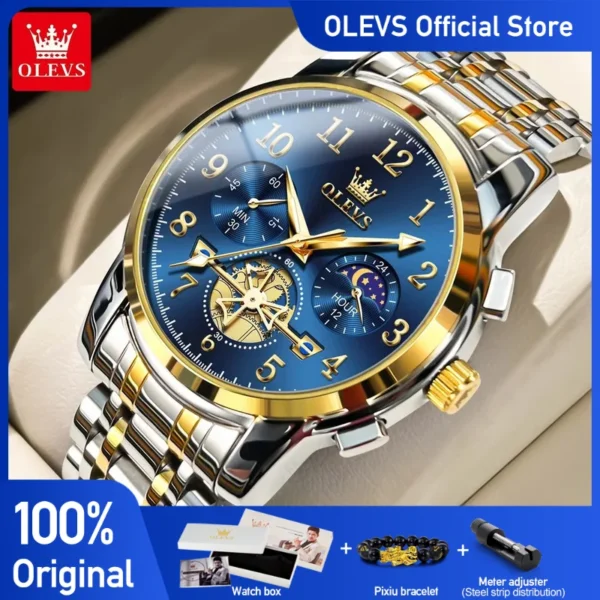 OLEVS brand2900 Men's Watches Stainless Steel Calendar Moon phase Watch Chronograph Big Dial Men's Wristwatches Original 1