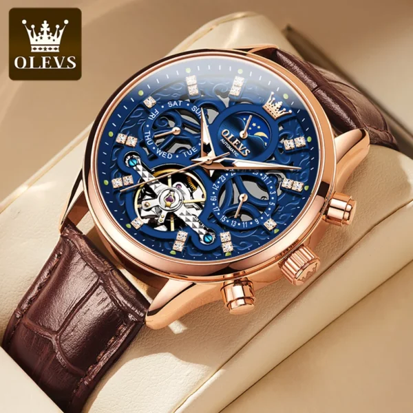 OLEVS Men's Watches Trend Fashion Original Automatic Mechanical Watch fro Man Leather Strap Hollowed Out Dial Flywheel Movement 2