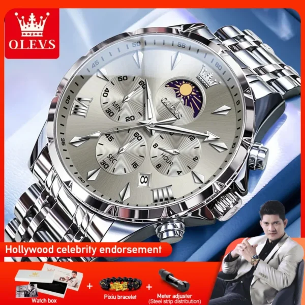 OLEVS 3653 Mens Watch Quartz Watch Multifunctional Chronograph Watch For Men 30M Waterproof Luminous Moon Phase Box Original 1